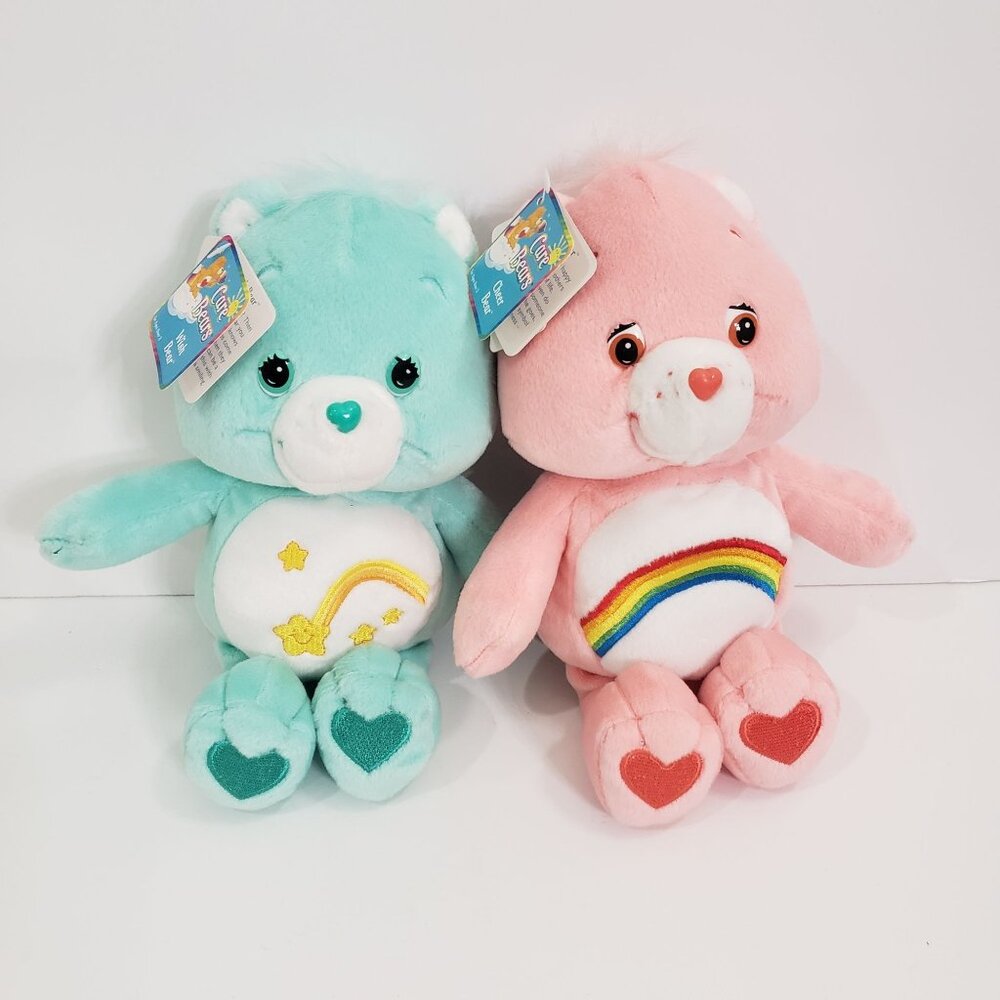 2002 Pink Cheer Rainbow Care Bear & Green Wish Care Bear 10" New with Tags